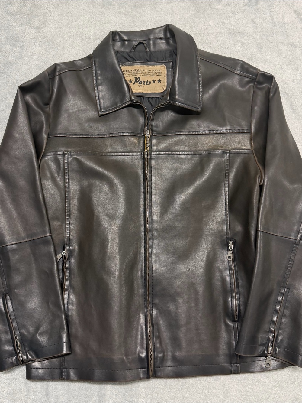 Surplus Apparel Parts Leather Military Collared Full Zip Jacket Brown Mens Large